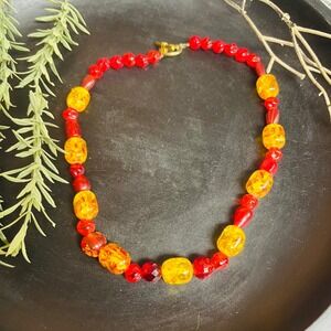 Vintage Amberina Beaded Necklace | Red Yellow Acrylic Glass‎ Retro Statement